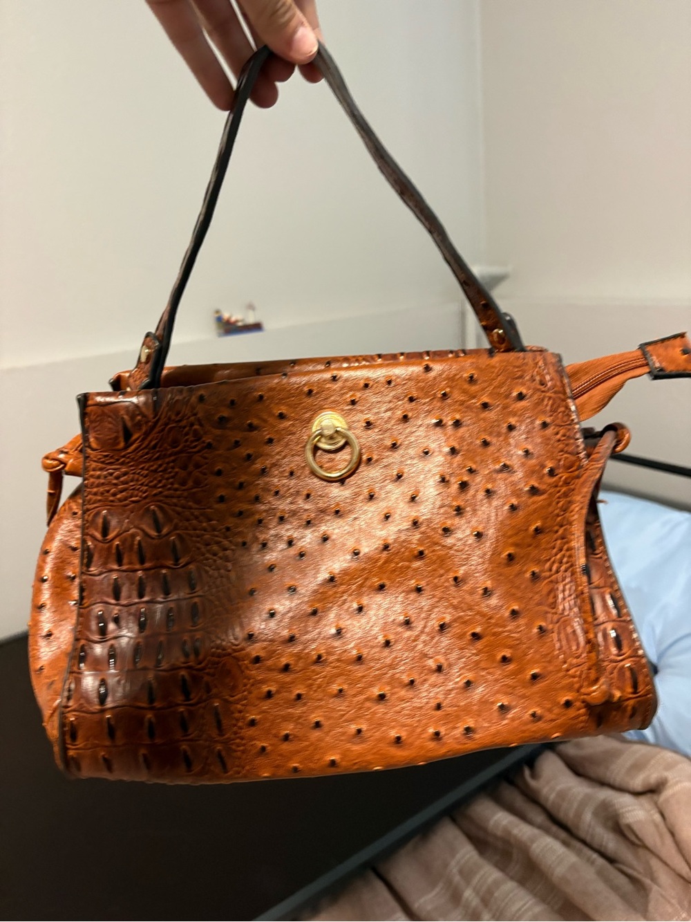 Women’s Tan Faux-Ostrich Top-Handle Bag